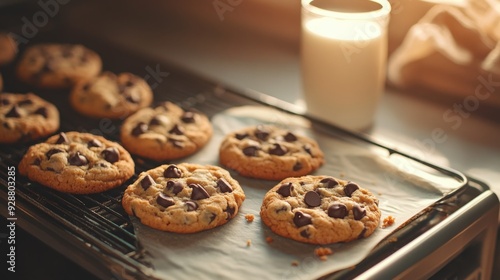 Warm chocolate chip cookies rest on a cooling rack next to a glass of milk in a sunny kitchen setting.