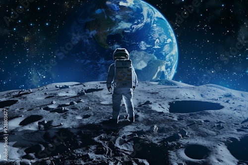 Astronaut standing on the moon surface, looking at the Earth in the distance, surrounded by stars.