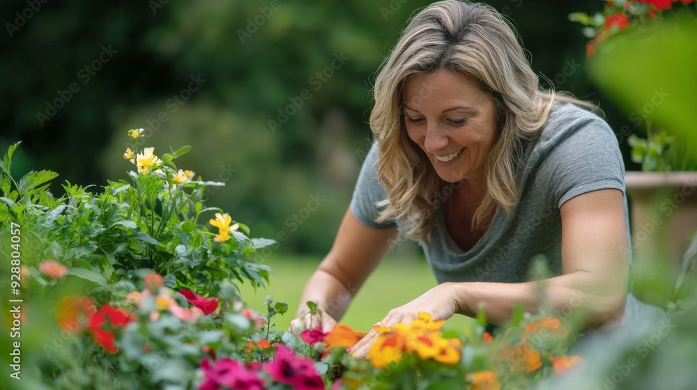 A woman is smiling while tending to a garden full of flowers A woman is smiling while tending to a garden full of flowers