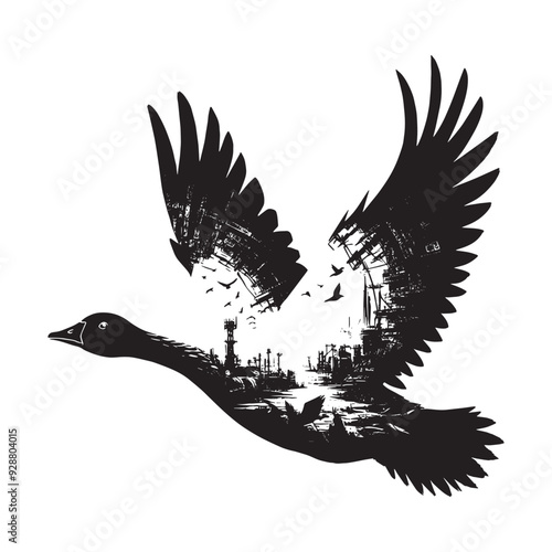 silhouette of Goose filled with destroyed futuristic dystopia environment in rough drawing