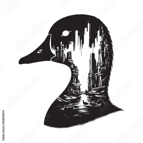 silhouette of Goose filled with destroyed futuristic dystopia environment in rough drawing