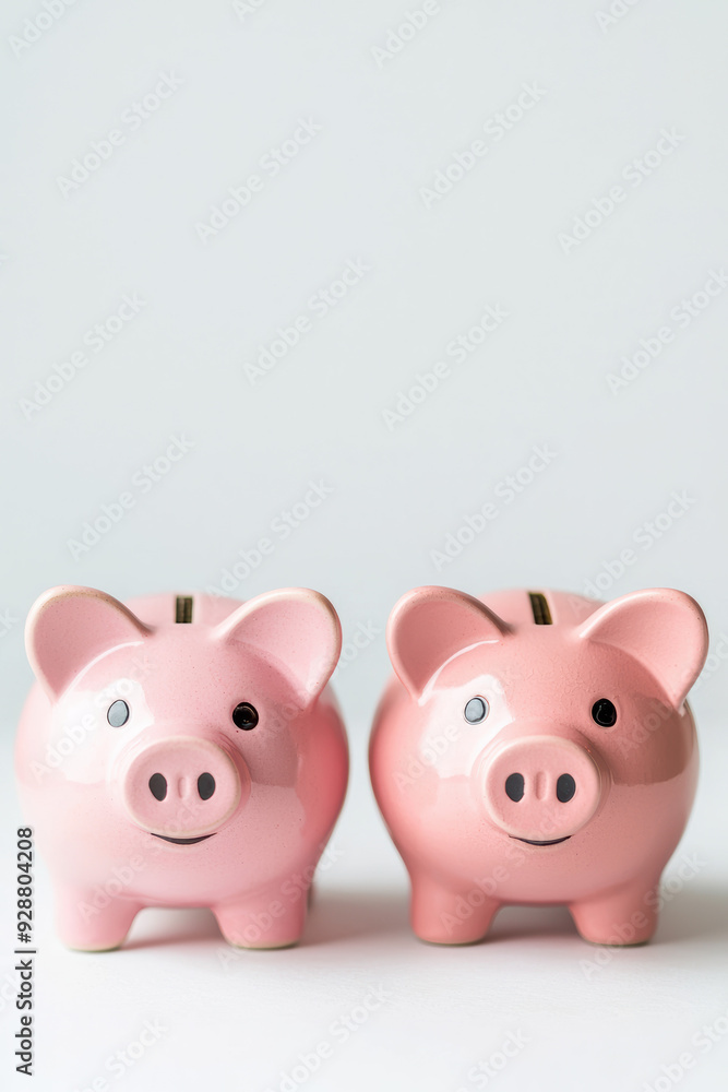 Two pink piggy banks side by side, symbolizing savings and financial planning. The simple white background emphasizes the focus on budgeting and saving money. Two pink piggy banks side by side, symbolizing savings and financial planning. The simple white background emphasizes the focus on budgeting and saving money.