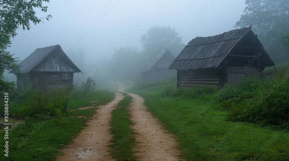 A misty, fog-covered rural village featuring rustic wooden huts and a winding dirt path. A misty, fog-covered rural village featuring rustic wooden huts and a winding dirt path.