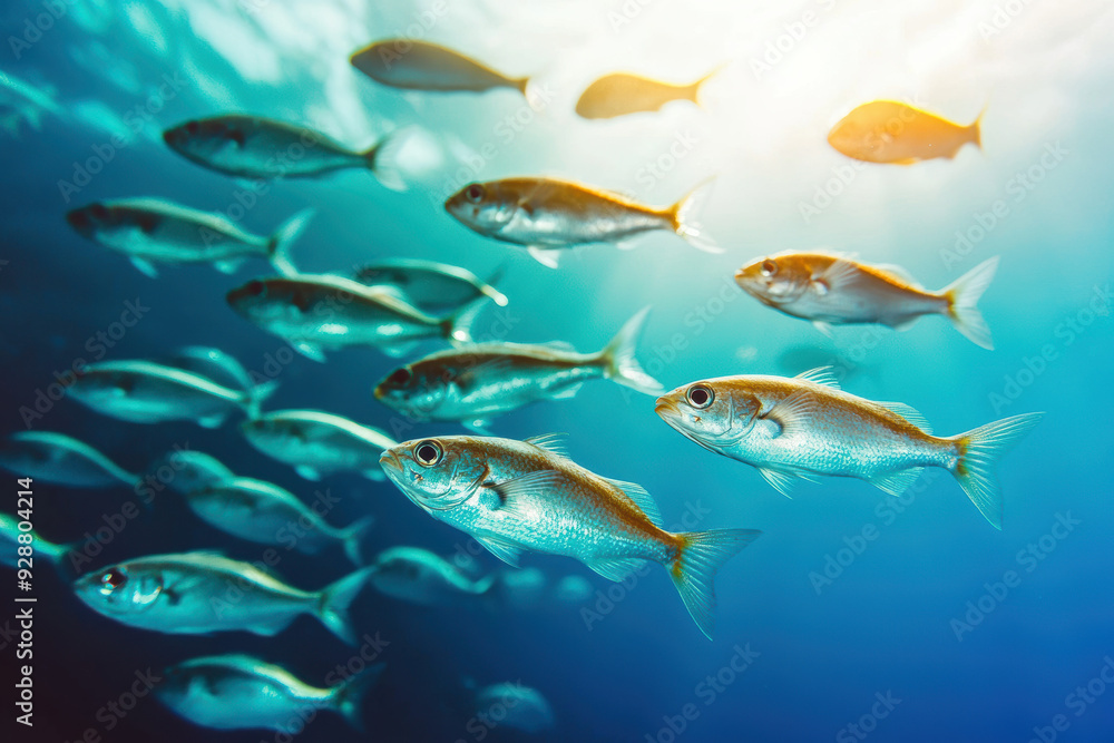 Naklejka premium A school of silver fish swimming gracefully underwater in the clear blue ocean, sunlight filtering through the water, highlighting their scales.