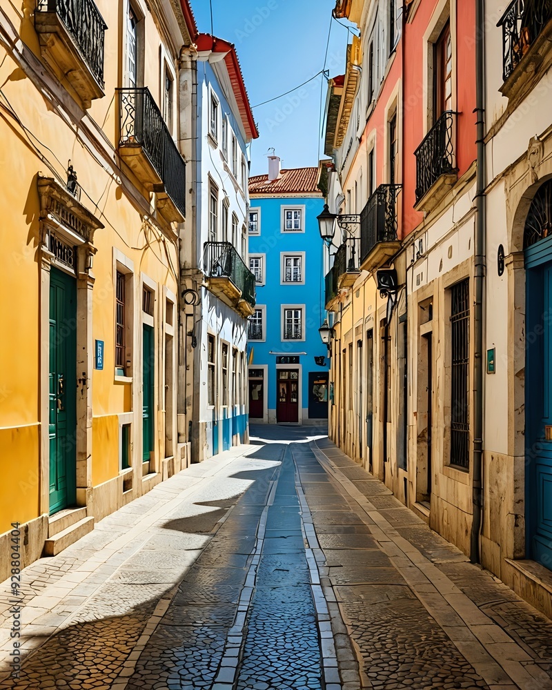 Fototapeta premium Narrow cobblestone street in a historic European city with colorful buildings.