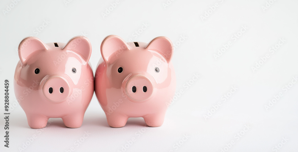 Two pink ceramic piggy banks sit side by side on a white background, symbolizing saving, financial planning, and investment for future goals. Two pink ceramic piggy banks sit side by side on a white background, symbolizing saving, financial planning, and investment for future goals.