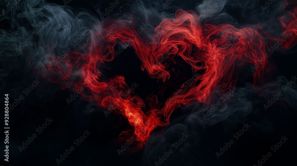 A dynamic heart shape made of swirling red smoke against a dark background. A dynamic heart shape made of swirling red smoke against a dark background.