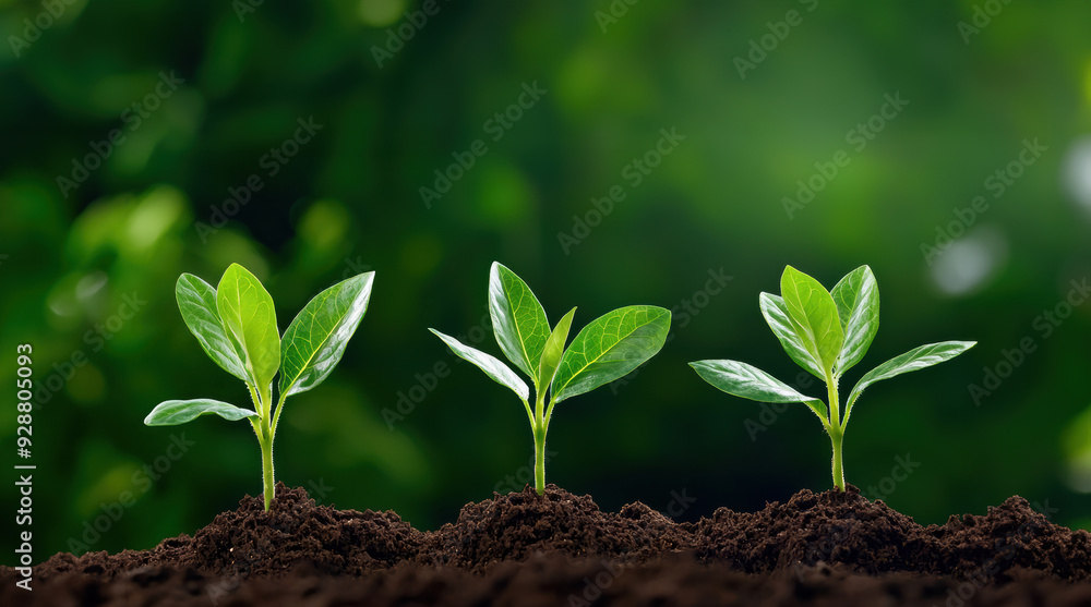 Three young green plants growing in soil against a blurred natural background, symbolizing growth, nature, and sustainability. Three young green plants growing in soil against a blurred natural background, symbolizing growth, nature, and sustainability.