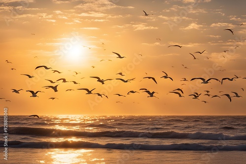 Wallpaper Mural A sunset over the ocean with golden light shimmering on the water and seagulls flying overhead, AI Generated Torontodigital.ca