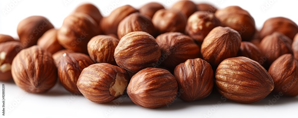 A close-up view of a pile of fresh hazelnuts highlighting their rich color and texture on a clean background. A close-up view of a pile of fresh hazelnuts highlighting their rich color and texture on a clean background.