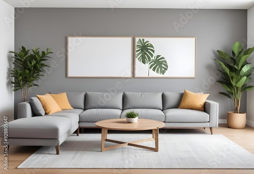 A modern living room with a large blank white frame on the wall above a gray sectional sofa, a wooden coffee table, and a potted plant.