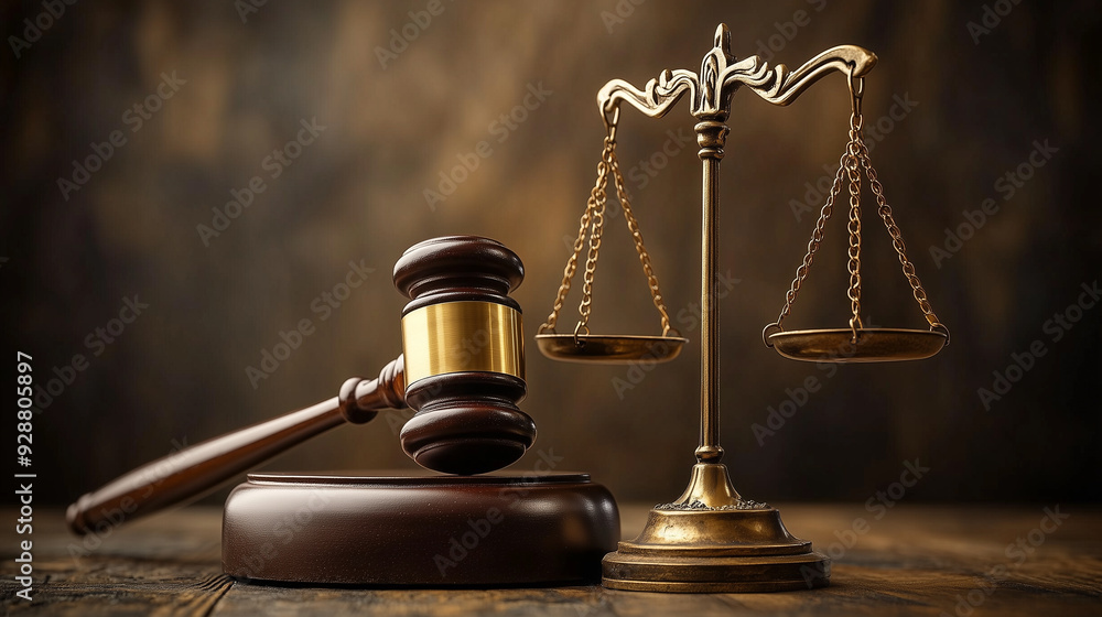 Judge's gavel and scales of justice on a wooden desk in legal setting Judge's gavel and scales of justice on a wooden desk in legal setting