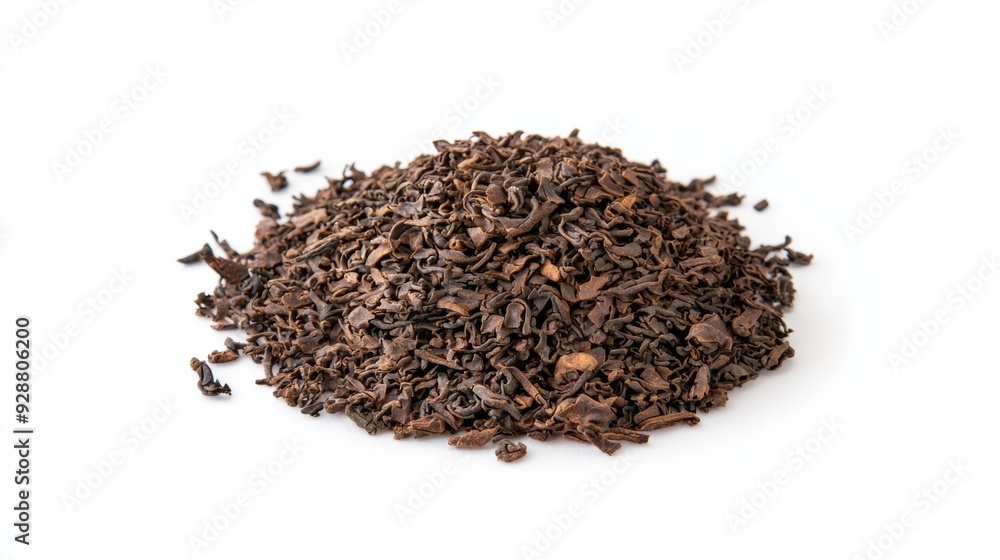 A pile of brown tea leaves on a white background A pile of brown tea leaves on a white background