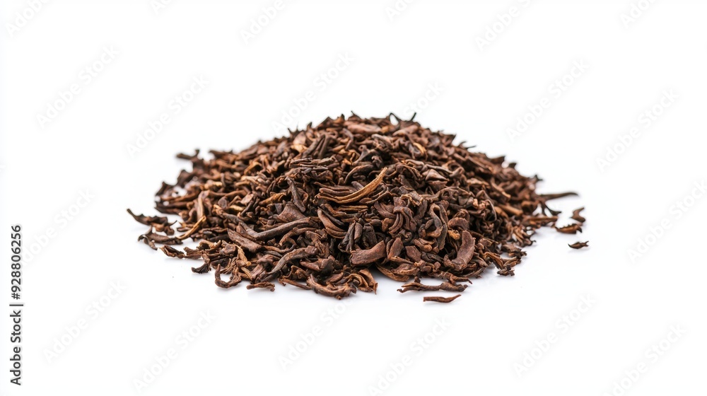 A pile of brown tea leaves on a white background A pile of brown tea leaves on a white background