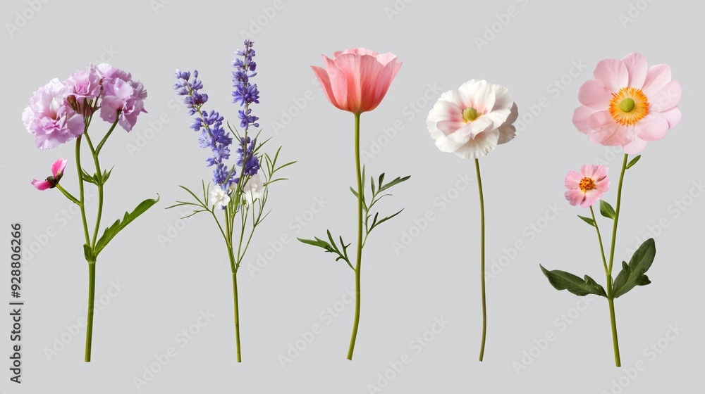 A row of flowers with different colors and sizes A row of flowers with different colors and sizes