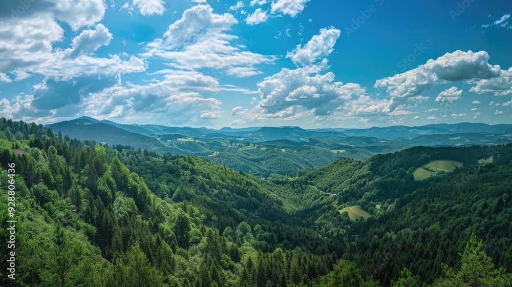Fototapeta premium Scenic mountain forest landscape with trees and peaks