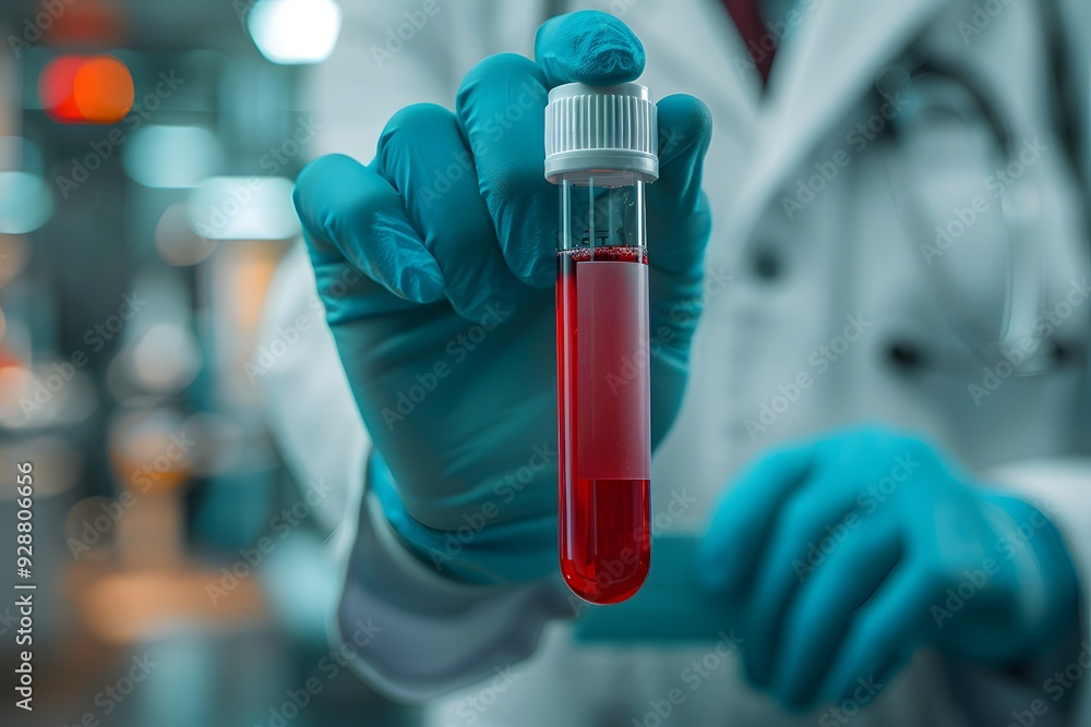 Laboratory Technician Holding a Blood Sample in a Test Tube Laboratory Technician Holding a Blood Sample in a Test Tube