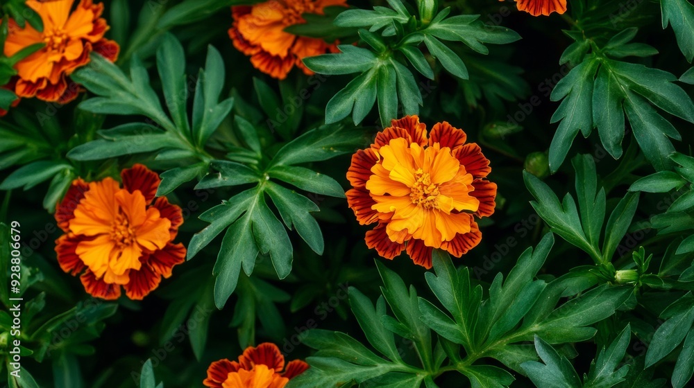 A bunch of orange flowers are growing in a green bush A bunch of orange flowers are growing in a green bush