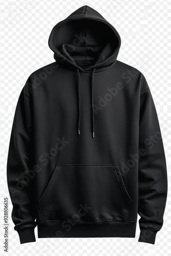 Minimalist black hoodie isolated on transparent background, perfect for branding mockups and fashion design presentations.