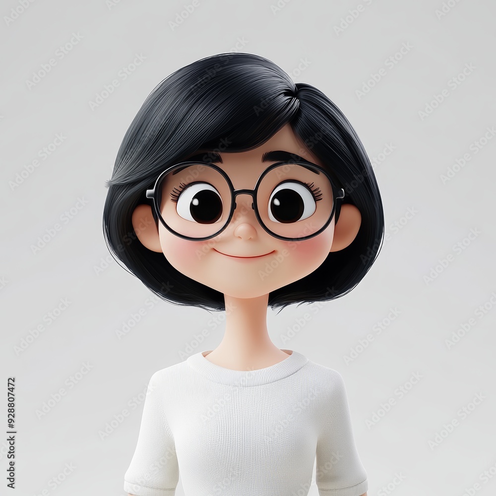 Smiling Asian cartoon character young woman female person with short black hair and glasses in 3d style design on light background. Human people feelings expression concept Smiling Asian cartoon character young woman female person with short black hair and glasses in 3d style design on light background. Human people feelings expression concept