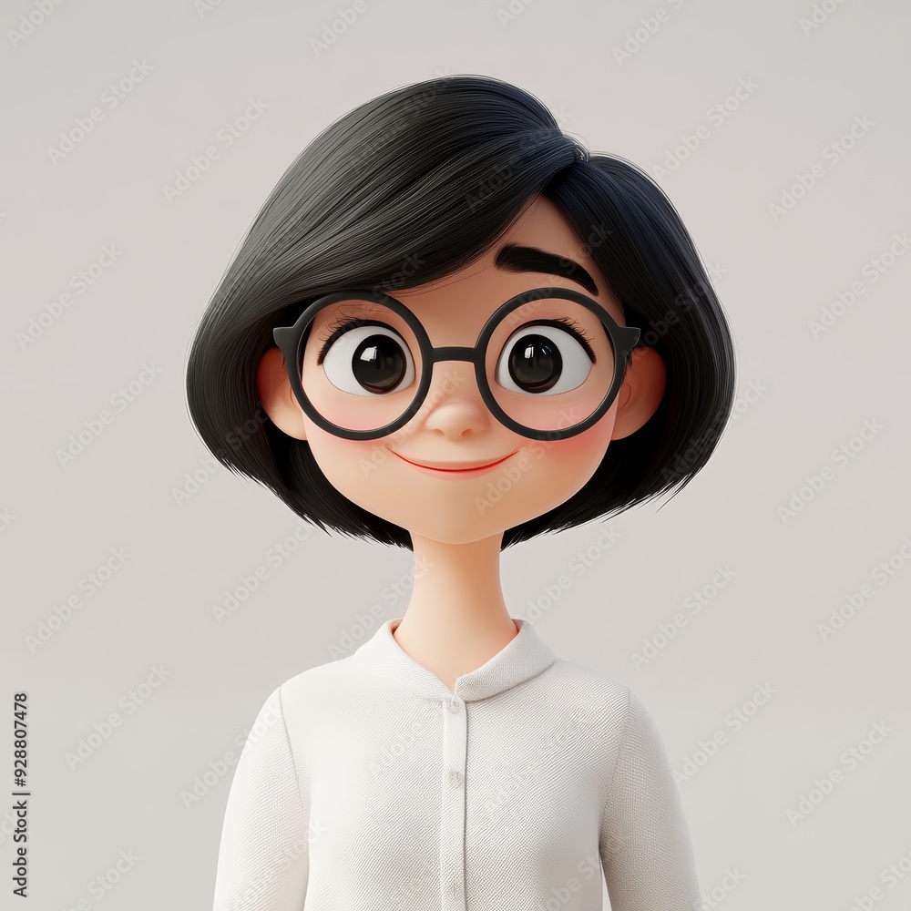 Smiling Asian cartoon character young woman female person with short black hair and glasses in 3d style design on light background. Human people feelings expression concept Smiling Asian cartoon character young woman female person with short black hair and glasses in 3d style design on light background. Human people feelings expression concept