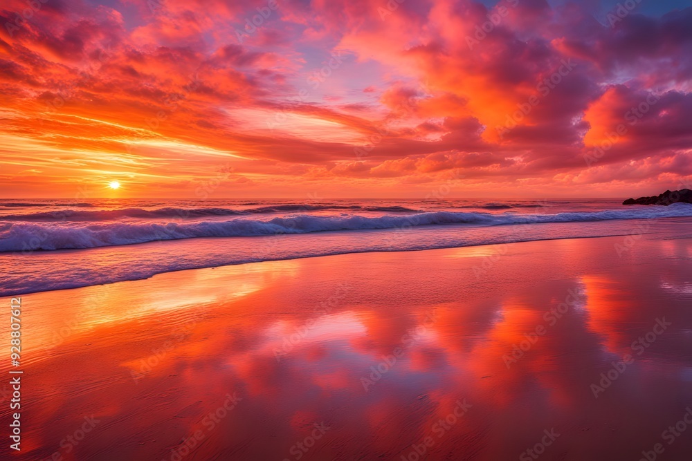 Fototapeta premium A vibrant beach sunset with fiery orange and pink hues reflecting on the wet sand, AI Generated
