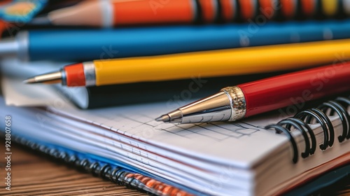 a close up high resolution photograph of note books and pens and pensils