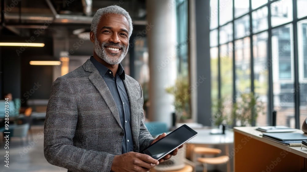 Confident Mature Businessman Smiling with Tablet in Modern Office Confident Mature Businessman Smiling with Tablet in Modern Office