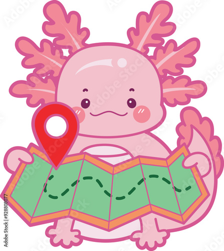 Illustration of cute axolotl activities icon.
Funny pink axolotl in daily routine stickers.