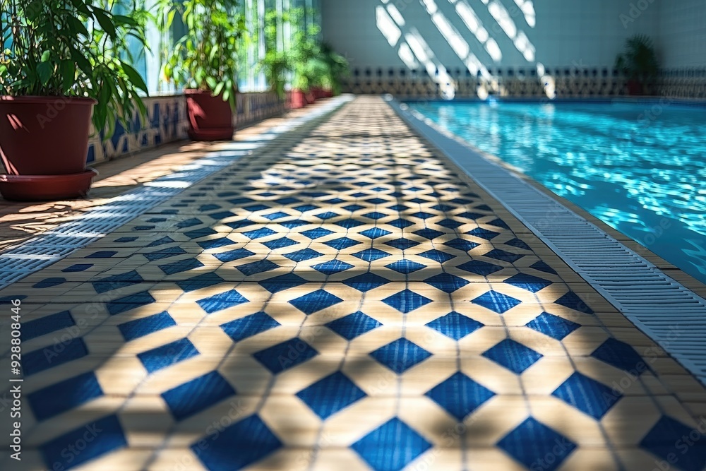 Fototapeta premium Blue and Beige Tile Pattern Poolside with Sunlight and Shadows