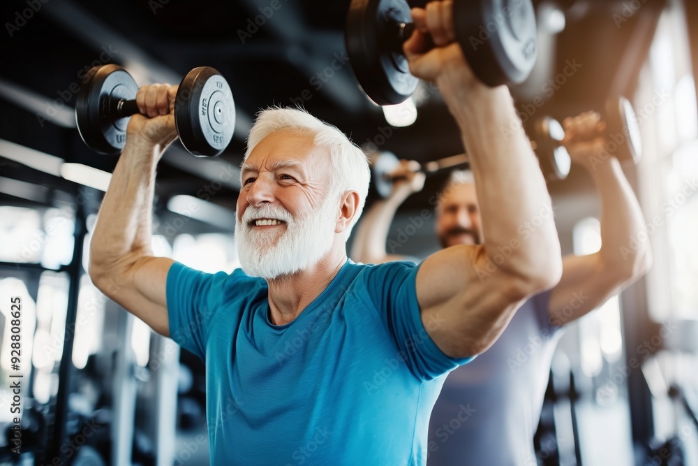 © YURIMA - An energetic elderly fitness enthusiast demonstrates that a healthy lifestyle is achievable at any age, emphasizing the importance of staying active while working and exercising at the gym © YURIMA - An energetic elderly fitness enthusiast demonstrates that a healthy lifestyle is achievable at any age, emphasizing the importance of staying active while working and exercising at the gym