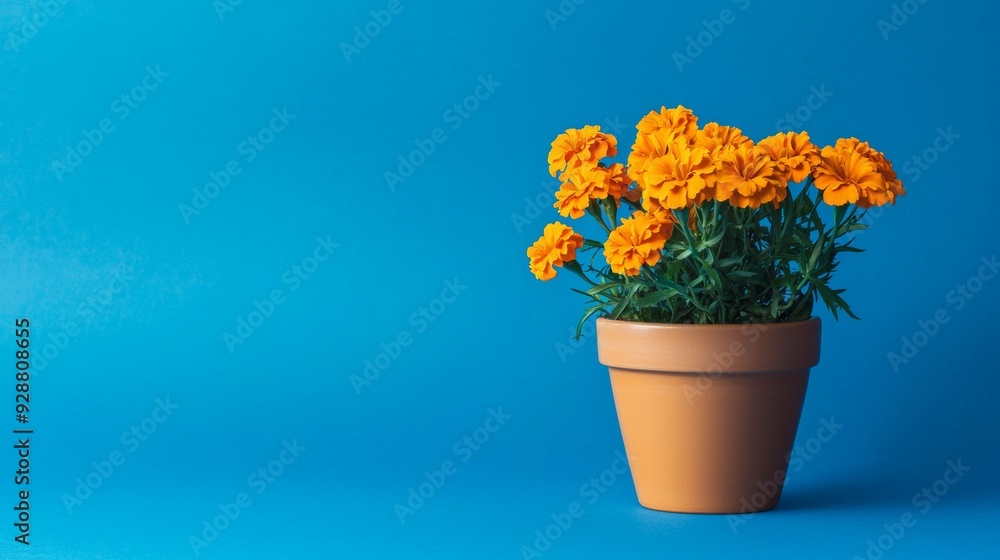 A small orange flower pot with a few flowers in it sits on a blue background A small orange flower pot with a few flowers in it sits on a blue background