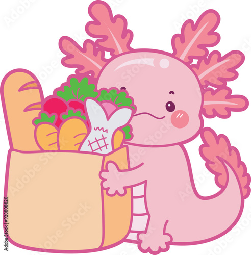 Illustration of cute axolotl activities icon.
Funny pink axolotl in daily routine stickers.