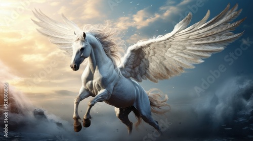 Majestic Pegasus, a mythical winged horse, flying in a dramatic sky. white powerful wings outstretched, showing strength and grace 