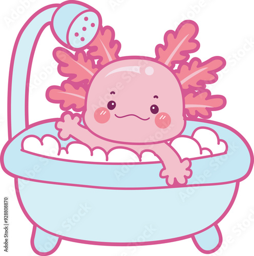 Illustration of cute axolotl activities icon.
Funny pink axolotl in daily routine stickers.