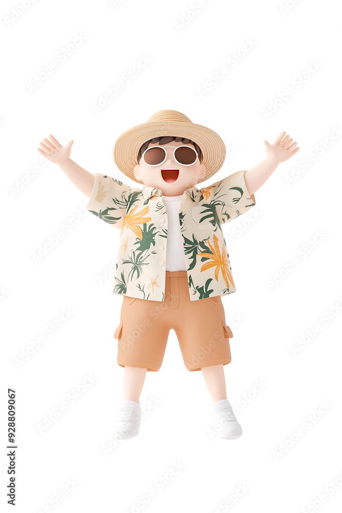 3D Cartoon Character Jumping with Joy in Summer Vacation Outfit 3D Cartoon Character Jumping with Joy in Summer Vacation Outfit