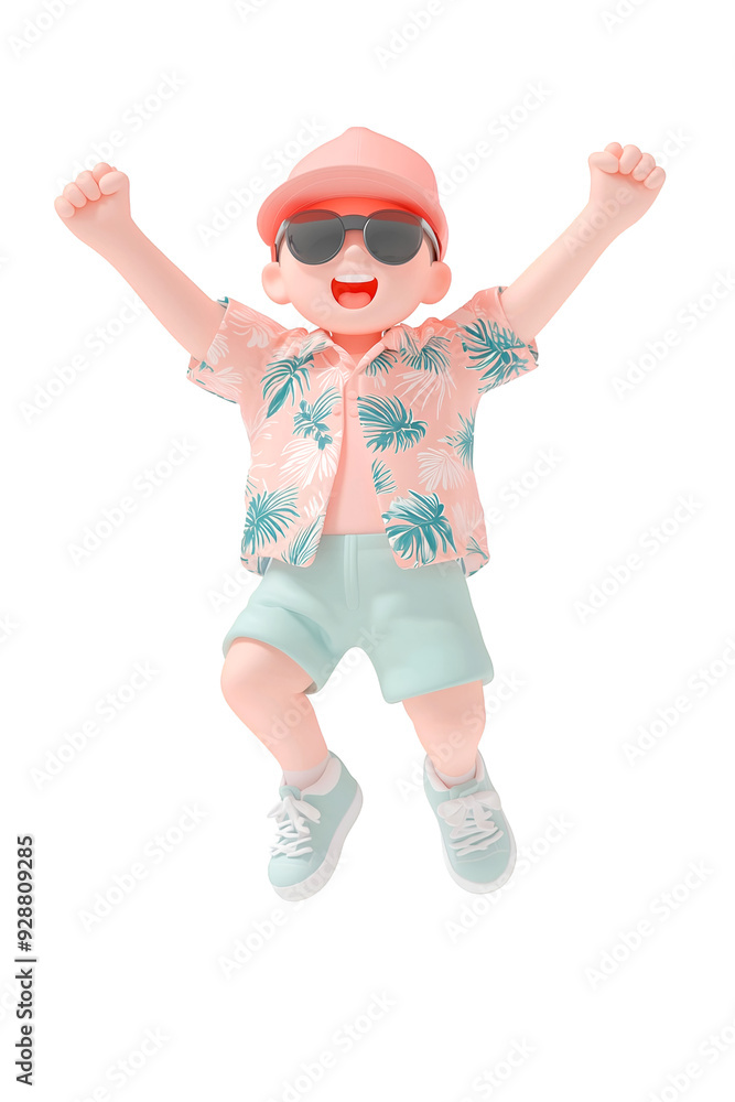 3D Cartoon Character Jumping with Joy in Summer Vacation Outfit 3D Cartoon Character Jumping with Joy in Summer Vacation Outfit