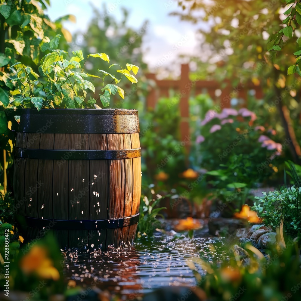 Generative AI, rainwater harvesting system in the garden with barrel ...