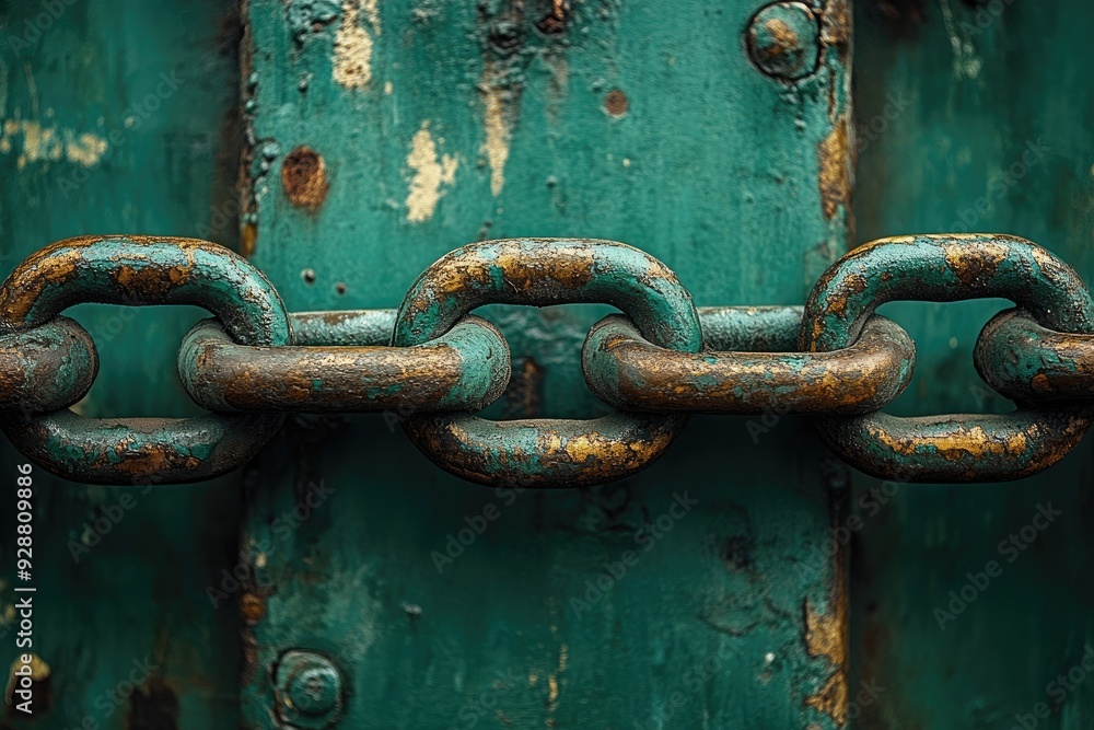 Close-Up of a Rusted Chain Against a Teal Background Close-Up of a Rusted Chain Against a Teal Background