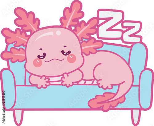 Illustration of cute axolotl activities icon.
Funny pink axolotl in daily routine stickers.