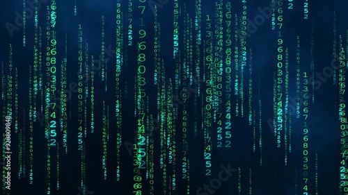 Falling green numbers on a dark background. Abstract technology Background in matrix style. 