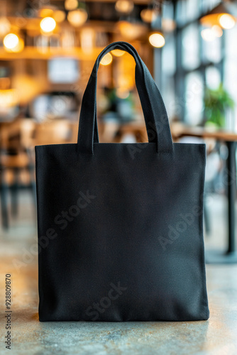 Wallpaper Mural Stylish black tote bag in a modern cafe setting, perfect for promoting eco-friendly shopping and fashion trends. Torontodigital.ca
