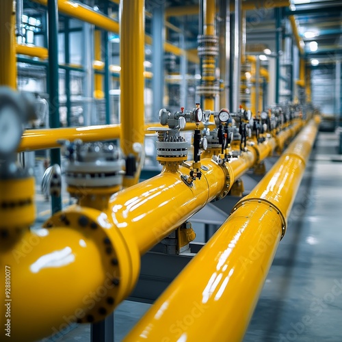 Yellow pipes and valves in gas plant. Gas plant concept with control system 