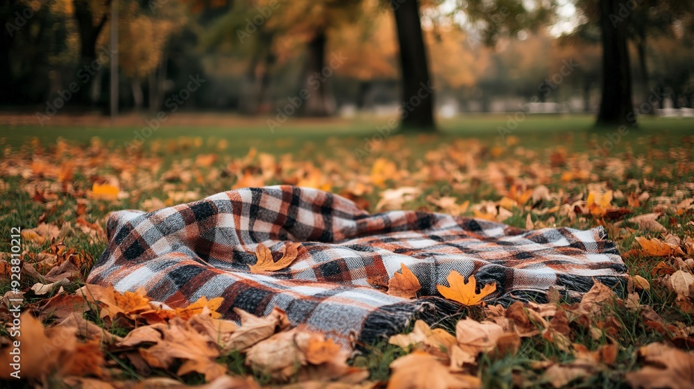 A plaid blanket spread on the ground amidst fallen autumn leaves in a park, capturing a cozy and inviting fall setting. A plaid blanket spread on the ground amidst fallen autumn leaves in a park, capturing a cozy and inviting fall setting.