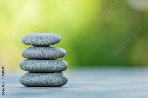 Tranquil stack of smooth stones on blurred green background symbolizing balance, harmony, and peace in nature's serene environment.