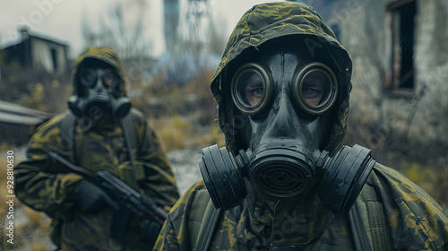 People wearing gas masks in an urban environment, possibly due to pollution, chemical exposure, or a disaster scenario, navigating the streets with caution