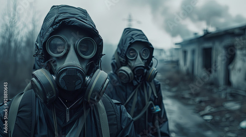 People wearing gas masks in an urban environment, possibly due to pollution, chemical exposure, or a disaster scenario, navigating the streets with caution