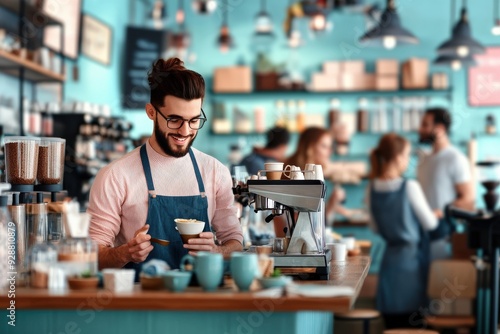 A cheerful barista prepares a coffee with skill and focus in a modern-style cafe, showcasing his expertise and friendly demeanor amidst a vibrant and bustling environment.