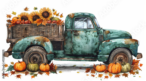 autumn composition with truck and harvest photo