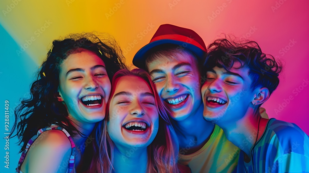 Four young adults laughing together in a vibrant studio setting. Four young adults laughing together in a vibrant studio setting.